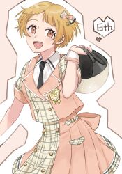 1girl :d anniversary black_necktie blonde_hair bow buttons chin_strap collared_shirt commentary cowboy_shot cropped_jacket dot_nose double-breasted emblem fukuda_noriko future_signature_(idolmaster) hair_bow hand_up heart helmet high-waist_skirt highres holding holding_helmet idolmaster idolmaster_million_live! idolmaster_million_live!_theater_days jacket kuuko_(inzm39) lapels light_blush looking_at_viewer multicolored_jacket necktie notched_lapels official_alternate_costume open_mouth orange_eyes pink_background pink_jacket pink_skirt plaid_clothes plaid_jacket plaid_skirt pleated_skirt shirt short_hair short_sleeves skirt skirt_set sleeves_rolled_up smile solo symbol-only_commentary teeth two-tone_jacket two-tone_skirt upper_teeth_only white_helmet white_shirt white_wrist_cuffs wrist_cuffs