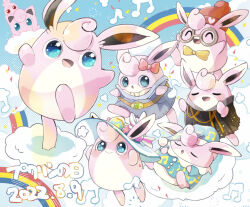 :d :o ^_^ arms_up asakirirokuyu beamed_eighth_notes beanie belt black_dress blue_background blue_eyes blue_headwear blue_pajamas blue_shirt bow bowtie brown_belt buttons closed_eyes closed_mouth clothed_pokemon cloud commentary_request creatures_(company) dated dress easter_egg egg eighth_note game_freak gem gen_1_pokemon gen_2_pokemon glasses green_gemstone grey_dress hat heart igglybuff jigglypuff leg_up lying music musical_note musical_note_print nightcap nintendo no_humans on_back on_head open_mouth pajamas pink_bow pokemon pokemon_(creature) pokemon_on_head pokemon_unite pom_pom_(clothes) rainbow red_eyes red_headwear round_eyewear shirt simple_background singing sleeping smile standing standing_on_one_leg sun_hat translated white_headwear wigglytuff wigglytuff_(bedtime) wigglytuff_(bonfire) wigglytuff_(frontier) wigglytuff_(pastel) wigglytuff_(songstress) yellow_bow yellow_bowtie
