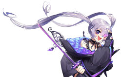 1girl :d adarin bandaid bandaid_on_face bandaid_on_nose black_camisole black_choker black_gloves black_jacket bright_pupils camisole chest_jewel choker commentary detached_wings english_commentary fingerless_gloves floating_hair frilled_camisole frills gem gloves glowing glowing_eye grey_hair hair_over_one_eye hand_jewel hand_up highres holding holding_sword holding_weapon hololive hololive_english jacket jewel_under_eye katana koseki_bijou koseki_bijou_(casual) long_hair looking_at_viewer materia metal_wings mini_wings nail_polish off_shoulder official_alternate_costume official_alternate_hairstyle open_mouth purple_eyes purple_gemstone purple_jacket purple_nails quilted_jacket ribbon_choker simple_background single_glove sleeves_past_wrists smile solo sword teeth twintails two-sided_fabric two-sided_jacket upper_teeth_only very_long_hair virtual_youtuber weapon white_background white_pupils wings