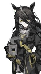 Rule 34 | 1girl, ahoge, animal ears, belt, black belt, black choker, black coat, black gloves, black hair, black shirt, choker, closed mouth, coat, collared shirt, cup, dom1, ear tag, earrings, gloves, grey hair, hair between eyes, hand in pocket, hand up, highres, holding, holding cup, horse ears, horse girl, jewelry, long bangs, long hair, long hair between eyes, long sleeves, looking at viewer, manhattan cafe (umamusume), mug, necktie, open clothes, open coat, shirt, simple background, single earring, smile, solo, steam, umamusume, very long hair, white background, yellow eyes, yellow necktie