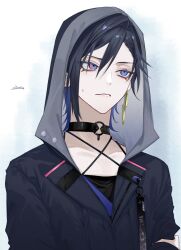 1boy alase_00 belt_collar black_hair black_hoodie blue_eyes collar earrings facing_viewer hair_between_eyes highres hood hoodie jewelry looking_ahead male_focus nijisanji nijisanji_en parted_bangs parted_lips short_hair simple_background single_earring solo sweatdrop upper_body virtual_youtuber white_background yugo_asuma