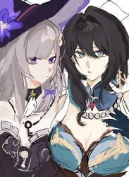 2girls :/ aqua_eyes aqua_streaks black_hair black_hat breasts cleavage clematis_(flower) closed_mouth commentary detached_collar expressionless farl_g flower frills gloves green_gloves grey_hair hair_between_eyes hair_intakes hair_ribbon hashtag-only_commentary hat hat_flower herta_(honkai:_star_rail) highres honkai:_star_rail honkai_(series) jewelry key key_necklace keyhole large_breasts long_hair looking_ahead looking_at_viewer low-tied_sidelocks multicolored_hair multiple_girls necklace parted_lips pearl_necklace purple_eyes purple_flower ribbon ruan_mei_(honkai:_star_rail) side-by-side sidelocks sketch streaked_hair the_herta_(honkai:_star_rail) tress_ribbon tsurime turning_head two-tone_hair upper_body white_background witch_hat