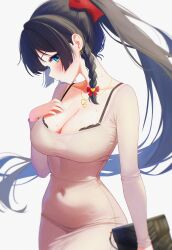 Rule 34 | 1girl, absurdres, arm at side, bag, black bra, blue eyes, blunt sidelocks, blurry edges, blush, bow, bra, bra peek, bra visible through clothes, braid, breasts, brown dress, cleavage, closed mouth, collarbone, commentary request, covered navel, cowboy shot, dress, earrings, film grain, floating hair, gold necklace, hair bow, hand on own chest, handbag, heart, heart earrings, heart necklace, highres, holding, holding bag, jewelry, korean commentary, large breasts, long hair, looking at viewer, looking to the side, necklace, ponytail, red bow, shirayuki hina, side braid, sidelocks, simple background, solo, standing, stellive, taut clothes, taut dress, underwear, virtual youtuber, white background, yeoun