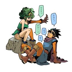 1boy 1girl asymmetrical_legwear bare_shoulders black_hair blue_eyes blue_gemstone blue_tunic boots breasts brown_boots brown_gloves circlet curly_hair d_d_work dragon_quest dragon_quest_iii dragon_quest_iv dress gem gloves green_dress green_gemstone green_hair hair_between_eyes hero_(dq3) heroine_(dq4) highres long_hair medium_breasts open_mouth orange_pants orange_shirt orange_sleeves outstretched_arm pants purple_scarf roto_(dq3) scarf shirt short_hair single_sleeve sitting smile spiked_hair strapless strapless_dress thigh_strap tree_stump tunic white_background