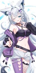 absurdres ahoge alternate_costume animal_ears bare_shoulders blue_eyes breasts cosplay cowboy_shot fang fishnet_thighhighs fishnets fox_ears fox_girl fox_tail highres hololive jacket long_hair medium_breasts nekomata_okayu nekomata_okayu_(cosplay) nekomata_okayu_(personya_respect) off_shoulder pantyhose parted_lips purple_jacket purple_pantyhose shirakami_fubuki shirt shorts simple_background single_leg_pantyhose single_thighhigh skin_fang solo tail thighhighs togemaru34 virtual_youtuber white_background white_shirt white_shorts