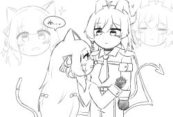 2girls animal_ears bags_under_eyes blush bow cat_ears cat_tail choker closed_mouth commentary crying curled_horns demon_tail earrings english_commentary english_text eye_contact gloves hair_bow heart highres horns jacket jacket_on_shoulders jewelry kemonomimi_mode key_earrings long_hair long_sleeves looking_at_another mole mole_under_eye multiple_girls necktie open_mouth pants phoebe_(wuthering_waves) sketch streaming_tears tail tears tenrino wuthering_waves zani_(wuthering_waves) zoom_layer
