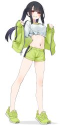 1girl absurdres black_hair commentary_request full_body green_jacket green_shoes green_shorts grin highres jacket kopaka_(karda_nui) legs long_hair looking_at_viewer midriff navel no_socks open_clothes open_jacket original ponytail red_eyes shirt shoes shorts sidelocks simple_background smile solo standing thighs tied_shirt white_background white_shirt