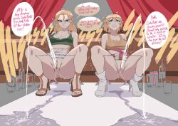 2girls alcohol anus ass bella_(biku) biku blue_eyes boots bow bow_panties breasts cleavage clenched_teeth clothes_lift competition earrings english_text highres hoop_earrings jewelry long_hair multiple_girls open-toe_shoes original panties panty_pull pee_puddle peeing pink_panties priss_(biku) puddle pussy short_hair skirt skirt_lift sound_effects speech_bubble spread_legs stained_panties striped_clothes striped_skirt teeth underwear wet wet_clothes wet_panties white_boots white_panties white_skirt