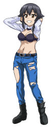 Rule 34 | 1girl, 9s0ykoyama117, absurdres, black bra, black hair, blue pants, bra, braid, breasts, brown eyes, cleavage, denim, full body, girls und panzer, grin, highres, jeans, large breasts, midriff, navel, pants, pepperoni (girls und panzer), shirt, simple background, smile, solo, torn clothes, torn pants, underwear, white background, white shirt