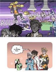 10s 1boy 2koma 3girls aged_down blanche_(pokemon) bulbasaur candela_(pokemon) closed_eyes comic crossed_arms english_text false_smile gen_1_pokemon glasses grin hat leehama multiple_girls nintendo pidgey pokemon pokemon_(creature) pokemon_go rattata remembering shaded_face smile spark_(pokemon) sweat weedle zubat