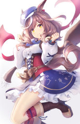 1girl animal_ears belt boots breasts brown_boots brown_hair brown_jacket buttons c: newsboy_cap center_frills clenched_hands commentary corset detached_sleeves frills hair_ornament hairclip hat highres horse_ears horse_girl horse_tail jacket light_blush long_hair looking_at_viewer matikane_tannhauser_(umamusume) medium_breasts multicolored_hair nogi_lief red_legwear shirt sleeveless sleeveless_jacket smile solo streaked_hair tail umamusume white_shirt yellow_eyes