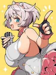 1girl ahoge aqua_eyes bare_arms bob_cut bracelet breasts collar dress elphelt_valentine guilty_gear guilty_gear_strive hairband hand_up highres holding holding_microphone_stand huge_ahoge itsuka_neru jewelry large_breasts microphone_stand open_mouth pink_collar pink_hairband short_hair sleeveless sleeveless_dress smile solo spiked_bracelet spiked_collar spiked_hairband spikes upper_body white_hair