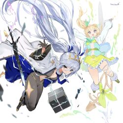2girls blonde_hair blue_eyes bodystocking breasts cleavage clothing_cutout coat commentary_request cube dress falling frilled_dress frills from_below full_body girls_creation gloves grey_hair highres long_hair looking_at_viewer manet_(girls_creation) medium_breasts michelangelo_(girls_creation) multiple_girls nauribon navel navel_cutout open_clothes open_coat open_mouth purple_eyes side_ponytail smile sword tiara twintails two-sided_fabric very_long_hair weapon