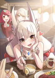 1other 3girls animal_ear_fluff animal_ears blonde_hair blush cat_ears cat_girl coffee coffee_mug commentary_request cup furrowed_brow grey_hair heart heart_print hey_cre highres holding holding_spoon incoming_food indoors long_hair mug multiple_girls mythra_(xenoblade) nia_(blade)_(xenoblade) nia_(xenoblade) open_mouth plate pov pov_hands pyra_(xenoblade) red_hair red_sweater smile spoon sunlight sweater tiara xenoblade_chronicles_(series) xenoblade_chronicles_2 yellow_eyes