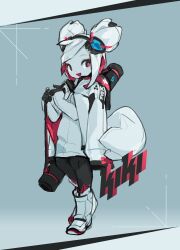 1girl 2019 absurdres animal_ears black_leggings boots chinese_commentary coat colored_skin commentary contrapposto double_bun english_commentary full_body furry furry_female hair_bun highres instrument_case joints kde kiki_the_cyber_squirrel krita_(medium) krita_(software) leggings looking_at_viewer mascot original robot robot_joints signature simple_background squirrel squirrel_ears squirrel_girl squirrel_tail standing symbol_in_eye tail three_quarter_view tyson_tan white_boots white_coat white_hair white_skin