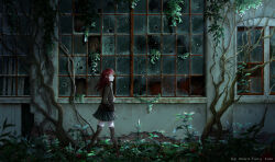 1girl absurdres black_jacket blue_eyes blue_skirt brick_wall broken_glass brown_shoes cargo_pallet chinese_commentary commentary_request english_text frown full_body glass guiyi_tonghua highres ivy jacket leaf long_hair looking_ahead open_mouth original plant pleated_skirt red_hair scarf scenery shoes skirt smile solo standing thighhighs vines walking warehouse watermark window zettai_ryouiki