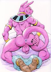 1boy animal_ears anus beerus black_nails blue_pants blush cat_boy cat_ears cat_nose cat_tail colored_sclera colored_skin dragon_ball dragon_ball_super dudebulge flaccid full_body furry furry_male gold_armlet gold_bracer gold_choker hand_on_own_ass highres jewelry kneeling looking_back looking_to_the_side nude on_bed pants penis purple_skin signature tail testicles traditional_media unworn_pants usekh_collar white_background yellow_sclera