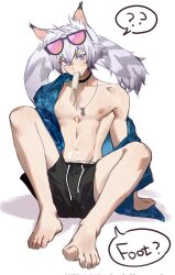 Rule 34 | 1boy, animal ears, barefoot, black choker, black shorts, blue shirt, cat boy, cat ears, cat tail, choker, collarbone, english text, eyewear on head, feet, food, full body, highres, looking at viewer, male focus, male swimwear, midriff, mouth hold, navel, nipples, open clothes, open shirt, pectorals, pink-tinted eyewear, popsicle, purple eyes, seth lowell, shirt, shorts, simple background, sol la ti doo, solo, speech bubble, tail, tinted eyewear, toned, toned male, white background, white hair, zenless zone zero