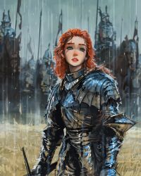 Rule 34 | 1girl, 6+others, armor, blank stare, blue eyes, crying, crying with eyes open, curly hair, facepaint, facing viewer, flag, grass, head tilt, helmet, highres, holding, holding flag, holding weapon, multiple others, open mouth, original, rain, red hair, sam yang, tears, weapon