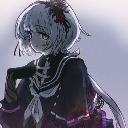 Rule 34 | 1girl, arm at side, assault lily, black capelet, black choker, black flower, black gloves, black hairband, black ribbon, black sailor collar, black serafuku, black shirt, bow hairband, capelet, cardigan, choker, commentary, digamma, fingerless gloves, fingernails, flower, gloves, gradient background, grey background, grey hair, hair ribbon, hairband, hand up, heterochromia, highres, holding, jewelry, lace-trimmed capelet, lace trim, long hair, long sleeves, looking ahead, low ponytail, nail polish, neck ribbon, neckerchief, necklace, open cardigan, open clothes, open mouth, parted lips, pink eyes, ponytail, purple flower, purple nails, red flower, red ribbon, ribbon, ribbon choker, sailor collar, school uniform, serafuku, shadow, shirt, solo, upper body, very long hair, white background, white neckerchief, white ribbon, yamaguchi chihiro (assault lily), yellow eyes