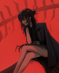 Rule 34 | absurdres, coat, crossed legs, dark, elbow rest, freckles, gloves, hair bun, hair ornament, highres, legs, long bangs, long hair, mawaw, mecha, neck tattoo, original, red background, red eyes, robot, single glove, tattoo