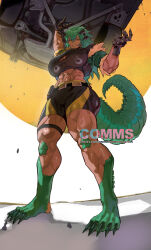 1girl abs absurdres breasts commentary commission english_commentary from_below green_hair highres horns large_breasts lifting_vehicle long_hair muscular muscular_female original park_ongjol scar scar_on_arm slit_pupils solo tail yellow_eyes