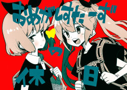 Rule 34 | 2girls, alternate costume, backpack, bag, black shirt, blush, bug, butterfly, collared shirt, expressionless, fang, hair ribbon, highres, holding strap, insect, limited palette, long hair, looking at animal, looking at viewer, looking to the side, multiple girls, omega ray, omega rio, omega sisters, open mouth, red background, ribbon, shirt, short hair, short sleeves, shoulder bag, simple background, t-shirt, tamo (gaikogaigaiko), teeth, tote bag, translation request, twintails, upper body, upper teeth only, virtual youtuber