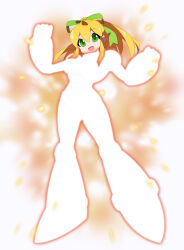 Rule 34 | absurdres, aged up, android, armor, armored boots, armored gloves, arms up, blonde hair, blurry, blurry background, boots, breasts, capcom, clenched hand, clenched hands, glowing, green eyes, green ribbon, hair between eyes, hair over shoulder, hair ribbon, henshin, highres, hyper roll (marvel vs. capcom), joints, kaidou zx, knee boots, knee pads, large breasts, long hair, marvel vs. capcom, marvel vs. capcom 2, mechanical boots, mega man (series), miniskirt, open mouth, ribbon, robot joints, roll (mega man), sidelocks, simple background, skirt, smile, sparks, transformation, white background
