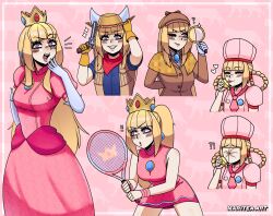 1girl absurdres alternate_hairstyle arm_behind_back artist_name blonde_hair braid breasts cosplay cowboy_hat cowgirl_peach detective_peach dress emilie_de_rochefort gloves grin gun hand_on_own_hip hat highres large_breasts laughing leaning_forward legs long_hair mario_(series) mario_tennis maritea namco nintendo ojou-sama_pose one_eye_closed open_mouth patissiere_peach pink_lips ponytail princess princess_peach princess_peach:_showtime! princess_peach_(cosplay) purple_eyes racket smile sportswear tekken tennis_racket tennis_uniform thighs twin_braids weapon