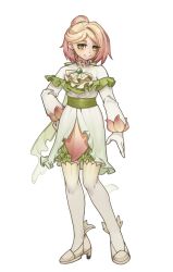 Rule 34 | 1girl, arm at side, ascot, belt, blonde hair, chinese commentary, closed mouth, commentary request, dress, flower, flower-trimmed sleeves, flower trim, frills, full body, gloves, gradient hair, green belt, green brooch, green eyes, hair behind ear, hair bun, half updo, hand on own hip, high heels, highres, long sleeves, looking at viewer, multicolored hair, personification, pink flower, pink hair, plants vs. zombies, plants vs. zombies 2, power lily, puffy long sleeves, puffy sleeves, shoes, short hair, simple background, single hair bun, smile, solo, standing, tachi-e, thighhighs, turning head, two-tone hair, veghia, white ascot, white background, white dress, white gloves, white shoes, white thighhighs, zettai ryouiki
