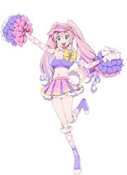 1girl 3am artist_request blue_eyes boots bow breasts cheerleader cleavage crop_top detached_sleeves hat heart kneehighs lace-up_boots long_hair midriff navel official_art olivia_monroe open_mouth pink_bow pink_hair pink_hat pink_skirt pom_pom_(clothes) purple_boots purple_tank_top skirt smile socks solo star_(symbol) star_print tank_top twintails virtual_youtuber visor_cap white_sleeves yellow_bow