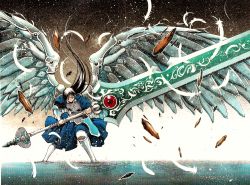 1girl armor armored_dress black_hair caustics dress faulds feathers female_focus holding huge_weapon long_hair moonsorrow original solo standing sword two-handed very_long_hair wading weapon wide_shot wings