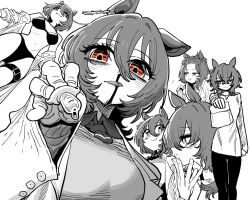 1girl :3 agnes_tachyon_(umamusume) animal_ears blood bra closed_mouth commentary_request eating foreshortening greyscale holding horse_ears horse_girl korean_commentary lab_coat looking_at_viewer medium_hair monochrome multiple_girls navel nosebleed orange_eyes panties parted_lips simple_background spot_color ssambatea tongue tongue_out umamusume underwear