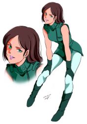 1girl aeug belt boots breasts brown_hair commentary dated emma_sheen gloves green_boots green_eyes gundam highres looking_at_viewer military military_uniform open_mouth pgmajimaji short_hair signature simple_background sleeveless smile solo thighhighs white_background zeta_gundam
