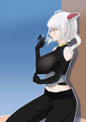 1girl arena_of_valor bare_shoulders blush breasts holding large_breasts non-web_source open_mouth original short_hair solo thighs white_hair
