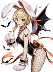 1girl alternate_costume alternate_eye_color animal_ears arm_tattoo bat_(animal) bat_wings blonde_hair blush bow breasts commentary english_commentary fake_animal_ears fang fishnet_pantyhose fishnets genshin_impact heart heart-shaped_pupils highres leotard looking_at_viewer lumine_(genshin_impact) medium_breasts medium_hair open_mouth orange_neckwear orange_ribbon pantyhose playboy_bunny rabbit_ears rabbit_paws rabbit_tail red_eyes ribbon saiyone sidelocks simple_background solo symbol-shaped_pupils tail tattoo thighs twitter_username white_background wings wrist_cuffs