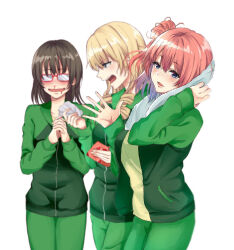 3girls absurdres blonde_hair blood blue_eyes brown_hair drill_hair ebina_hina gift glasses green_jacket green_pants green_shirt hair_bun handkerchief highres holding holding_gift holding_handkerchief jacket light_(lightpicture33) long_hair looking_at_another looking_at_viewer medium_hair miura_yumiko multiple_girls nosebleed open_mouth orange_hair own_hands_together pants profile red-framed_eyewear shirt simple_background single_hair_bun single_side_bun standing towel towel_around_neck track_suit twin_drills waving wavy_mouth white_background wiping yahari_ore_no_seishun_lovecome_wa_machigatteiru. yuigahama_yui