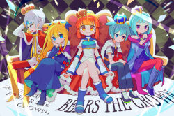 2boys 3girls absurdres alternate_costume arle_nadja arm_support armor blonde_hair blue_eyes blue_footwear blue_hair blunt_bangs blush boots breastplate brown_eyes brown_hair character_request closed_mouth crossed_legs detached_sleeves grey_hair headband heterochromia high_heel_boots high_heels highres long_hair looking_at_viewer multiple_boys multiple_girls offbeat open_mouth ponytail purple_eyes puyopuyo puyopuyo_quest red_eyes schezo_wegey short_hair short_ponytail short_sleeves sig_(puyopuyo) sitting smile witch_(puyopuyo)