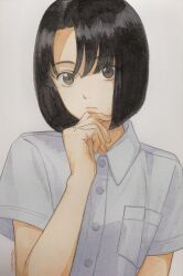 1girl black_hair bob_cut breast_pocket brown_eyes buttons closed_mouth collared_shirt expressionless highres looking_at_viewer original pocket shinomiya_nanase shirt short_hair short_sleeves signature simple_background solo traditional_media upper_body white_shirt