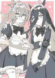2girls agnes_tachyon_(umamusume) ahoge animal_ears apron black_bow black_bowtie black_dress black_gloves black_hair bow bowtie brown_hair chemical_structure colored_inner_hair cup dress ear_tag earrings embarrassed frilled_apron frills full_body garter_straps gloves hair_between_eyes hand_on_own_arm highres holding holding_plate horse_ears horse_girl horse_tail jewelry long_bangs long_dress long_hair long_hair_between_eyes long_sleeves looking_at_viewer maid_headdress manhattan_cafe_(umamusume) multicolored_hair multiple_girls nochatea parted_lips plate puffy_short_sleeves puffy_sleeves red_eyes short_hair short_sleeves single_earring smile tail teapot thighhighs umamusume very_long_hair waist_bow white_apron white_bow white_hair white_thighhighs yellow_eyes