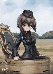 artist_name brown_eyes brown_hair garrison_cap girls_und_panzer hat headphones headphones_around_neck highres kk90 looking_at_viewer medium_hair military military_vehicle motor_vehicle nishizumi_maho open_hatch red_shirt shirt tank tiger_i