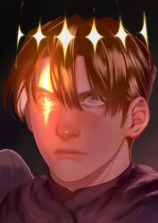 1boy black_background blonde_hair blue_eyes closed_mouth commentary diamond_(shape) dimitri_alexandre_blaiddyd english_commentary fire_emblem fire_emblem:_three_houses hair_between_eyes highres light_frown looking_up male_focus nintendo portrait short_hair short_sideburns solo viraneville