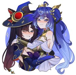 2girls absurdres artist_name bare_shoulders black_gloves blue_eyes blue_hair blue_hat blue_sleeves blush breasts cleavage closed_mouth commentary crossover english_commentary genshin_impact gloves gold_bra gradient_hair green_eyes hat head_wreath highres hug iuno_(wuthering_waves) large_breasts looking_at_viewer mizah_(mizah) mona_(genshin_impact) multicolored_hair multiple_girls one_eye_closed parted_lips simple_background smile sweatdrop twintails white_background witch_hat wuthering_waves
