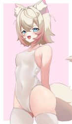 1girl :3 absurdres alternate_costume animal_ear_fluff animal_ears arm_behind_back bare_shoulders blonde_hair blue_eyes blush border breasts commentary_request covered_navel cowboy_shot dog_ears dog_girl dog_tail highres hololive hololive_english looking_at_viewer mococo_abyssgard multicolored_hair one-piece_swimsuit open_mouth outside_border pink_background pink_hair short_hair sidelocks skindentation small_breasts smile solo standing streaked_hair swimsuit tail thighhighs virtual_youtuber white_border white_one-piece_swimsuit white_thighhighs wide_hips yuni_animal_(remyi_3)