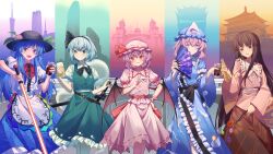 5girls absurdres bat_wings black_hair black_hairband black_hat blue_hair blue_hat blue_kimono bottle building chinese_commentary commentary_request congratulations cup green_skirt green_vest hairband hand_fan hand_on_own_hip hat highres hinanawi_tenshi holding holding_bottle holding_cup holding_fan holding_sword holding_weapon houraisan_kaguya japanese_clothes kimono konpaku_youmu long_hair looking_at_viewer minuo mob_cap multiple_girls peach_hat_ornament pink_eyes pink_hair pink_shirt print_fan purple_fan purple_hair red_eyes remilia_scarlet saigyouji_yuyuko shirt short_hair skirt smile sword touhou triangular_headpiece vest weapon white_hair white_shirt white_skirt wide_sleeves wings