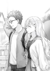 1boy 1girl ayase_saki backpack bag commentary_request cowboy_shot earrings from_side gimai_seikatsu glasses greyscale hair_ornament hairclip hand_in_pocket highres hiten_(hitenkei) jacket jewelry long_hair maru_tomokazu monochrome necklace novel_illustration official_art open_clothes open_jacket outdoors profile second-party_source shirt_tucked_in short_hair