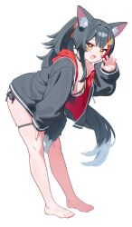 1girl :d absurdres animal_ear_fluff animal_ears barefoot bent_over bikini black_choker black_hair black_jacket choker claw_pose commentary double-parted_bangs front-tie_bikini_top front-tie_top full_body hair_ornament hairclip hand_up highres hololive hood hooded_jacket jacket leaf_print long_hair looking_at_viewer multicolored_hair official_alternate_costume official_alternate_hairstyle ookami_mio ookami_mio_(hololive_summer_2019) open_mouth print_bikini red_hair sidelocks simple_background smile solo spiked_hair streaked_hair swimsuit tail tail_around_own_leg thigh_strap two-sided_fabric two-sided_jacket verdey very_long_hair virtual_youtuber white_background white_bikini white_hair wolf_ears wolf_girl wolf_tail yellow_eyes