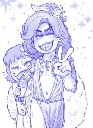 2boys belt blue_theme bracelet chibita closed_mouth crossdressing drag_queen drooling eyeshadow flower flying_sweatdrops fur_shawl hair_flower hair_ornament hand_on_another&#039;s_arm heart heart_in_mouth irezumi jewelry leaf_hair_ornament lipstick makeup male_focus matsuno_karamatsu monochrome mouth_drool multiple_boys navel necklace nervous_smile ningenis_kuso osomatsu-san osomatsu_(series) plunging_neckline shawl smile sparkle tattoo thick_eyebrows v wig