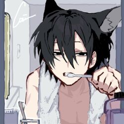 Rule 34 | 1boy, animal ears, bags under eyes, bathroom, black eyes, black hair, brushing teeth, chino (sky tanosi), dog boy, dog ears, holding, holding toothbrush, indoors, looking at mirror, looking at viewer, male focus, mirror, original, short hair, solo, toothbrush, towel, towel around neck, upper body