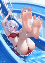 1girl absurdres ass barefoot bikini feet feet_up highres j.c.14 long_hair open_mouth purple_eyes senki_zesshou_symphogear slide soles swimsuit toes water water_slide white_hair yukine_chris